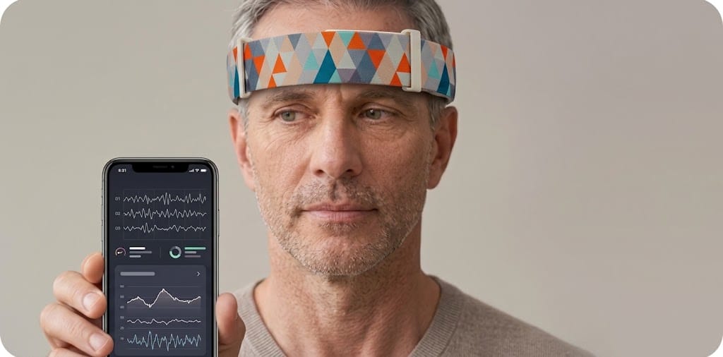 Bărbat purtând banda EEG, cu telefonul arătând sesiunea activă
